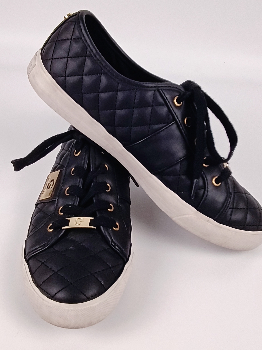 G by Guess Black Quilted Lace-Up Sneakers with Gold Accents